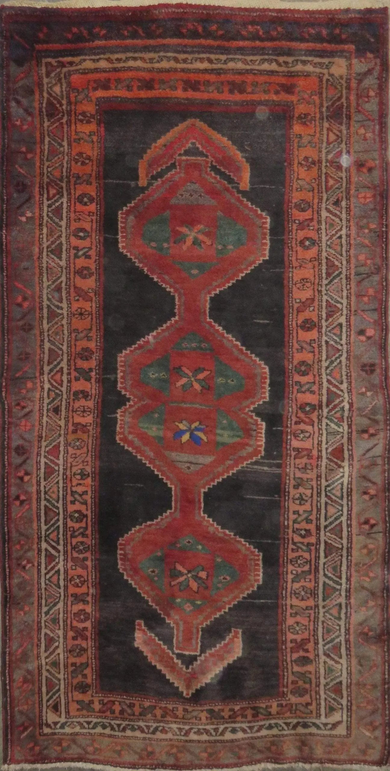 One Of The Kind Hand-Knotted Persian Wool Rug _ Luxurious Vintage Design, 7'5" x 3'7", Artisan Crafted